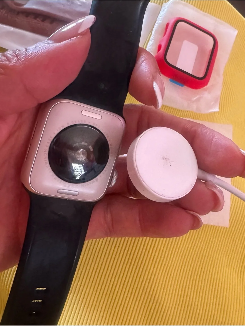 Apple watch Silver face, 1Black, 1brown Band, 2watch faces red&white, see pics